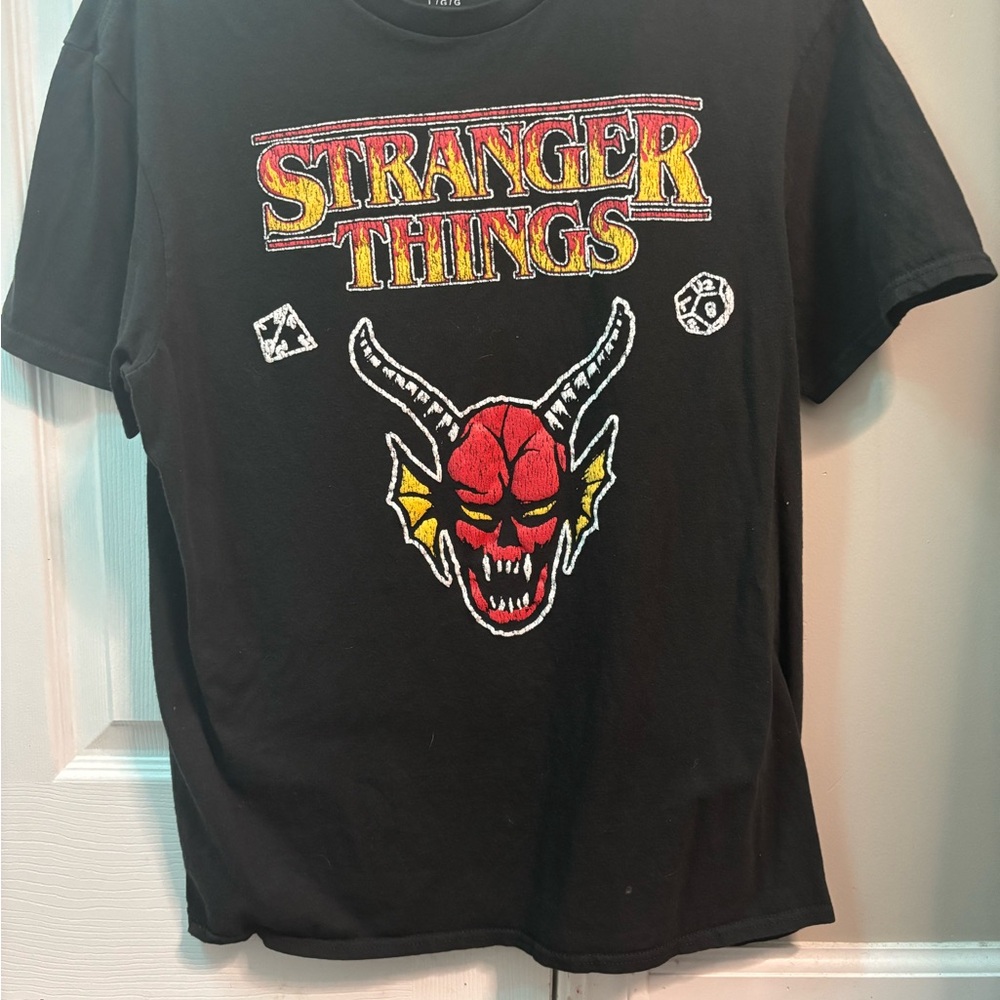 Stranger Things Men’s T-Shirt - Distressed Logo and Hellfire Devil